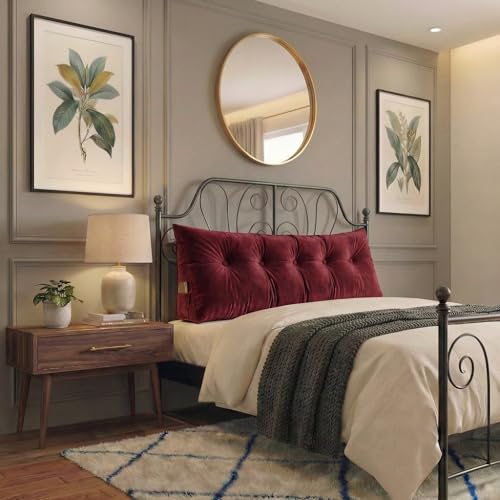 Image of Luxury Velvet Tufted Wedge Pillow with Side Pocket - Soft Headboard Back Support Cushion for Bed, Sofa & Floor Seating - Red Color