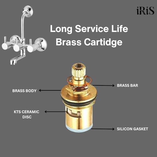 Image of iRiS 2-in-1 Brass Wall Mixer Tap with Overhead Shower Provision | 125mm Long Bend Pipe | Visible Hot & Cold Indicators | Chrome Finish Bathroom Faucet | Wall-Mounted Brass Tap