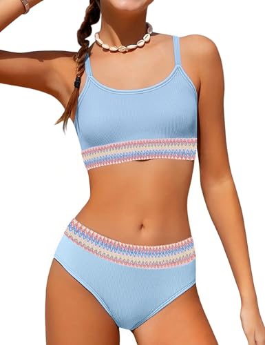 Image of Weixinbuy Girls Swimsuit Color Block Bathing Suit Adjustable Strap Two Pieces Bikini Swimsuits Beach Swimwear for Girls 9-16Y