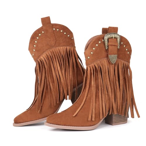 Hawkwell Botines de vaquero con flecos para mujer, marrón, 37 EU
