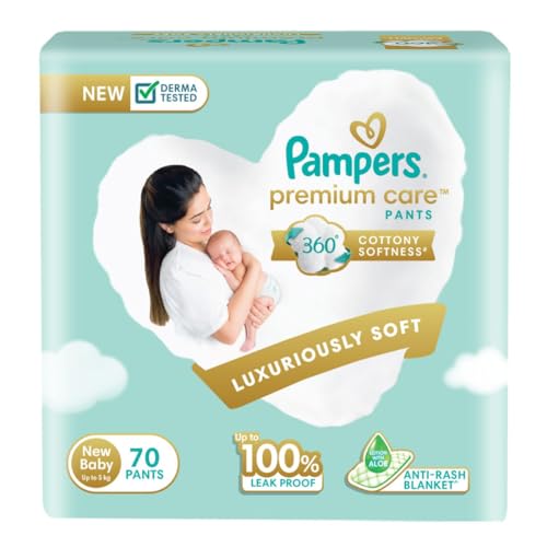 Pampers Premium Care Pants, New Born/Extra Small (NB/XS) Size, 70 Count, Pant Style Baby Diapers, All-in-1 Diapers with 360 Cottony Softness, Up to 5kg Diapers