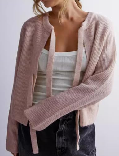 Image of Women's Cropped Ribbed Knit Cardigan Long Sleeve Bow Tie Front Open Front Knitwear Top