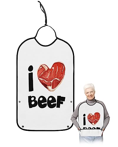 Valentines Love Heart Adult Bibs for Eating, Waterproof Bibs with Food Catcher & Adjustable Snap Closure, I Love Beer White Backdrop Washable Clothing Protectors Adult Bibs for Elderly Women/Men