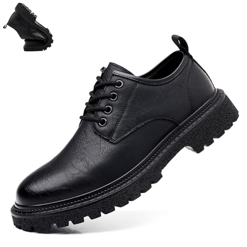 Men's Genuine Leather Lace-Up Vintage Oxfords,Fashion Round Toe Casual Brogue Dress Shoes, Comfortable Non-Slip Low Top Business Work Shoes