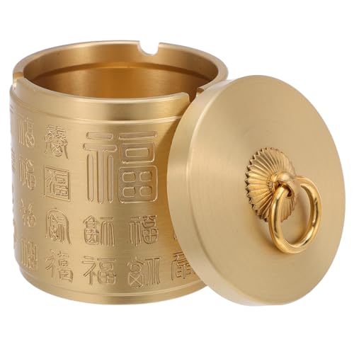 TOKIDNY Gold Brass Ashtray with Lid for Smokers Heavy-duty Round Tabletop Ash Holder with Auspicious Blessings Pattern Versatile for Home Office Patio Car and Travel Use