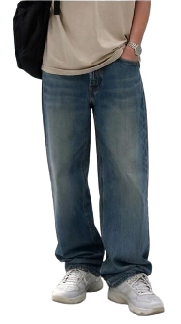 Image of Baggy Fit Denim Jeans for Men, Mid Rise Loose Fit Wide Leg Blue Washed Trousers for Casual Streetwear, Travel, College, Weekend Outings and Everyday Use