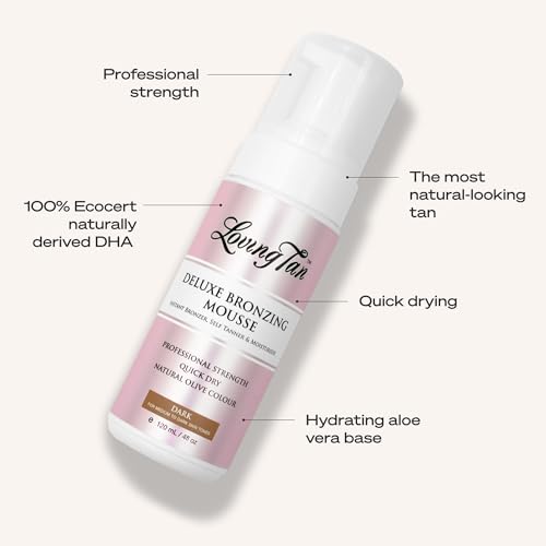 Image of Loving Tan 8 HR Deluxe Self Tanning Mousse, Dark -Streak Free, Professional Quality Sunless Tanning -Up to 5 Self Tanner Applications per Bottle, Naturally Derived DHA - 4 Fl Oz - Packaging May Vary