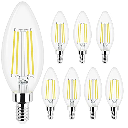 Honesorn Dimmable Chandelier Light Bulbs, E12 Candelabra LED Bulbs 60 Watt Equivalent, 6W 5000K Daylight White 600 LM B11 Candle Bulbs, Clear Filament Candelabra Light Bulbs, 8 Pack Honesorn Dimmable Chandelier Light Bulbs, E12 Candelabra LED Bulbs 60 Watt Equivalent, 6W 5000K Daylight White 600 LM B11 Candle Bulbs, Clear Filament Candelabra Light Bulbs, 8 Pack