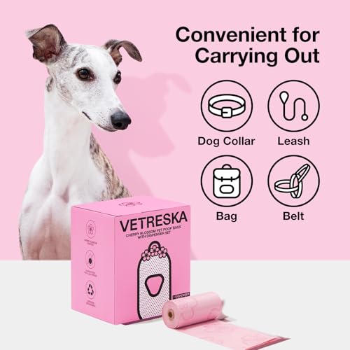 VETRESKA Dog Poop Bag Dispenser with Cherry Blossom Scented Bags, Leak Proof and Extra Thick Pet Waste Bags 1 Poop Bag Holder and 225 Bags for Walking Dogs & Cats Litter