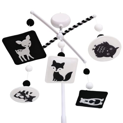 Montessori Mobile, Black and White Mobile for Baby with Music Box - Woodland Baby Crib Mobile for Boys Girls, High Contrast Baby Mobile for Crib with Bear, Deer, Fox, Owl & Raccoon