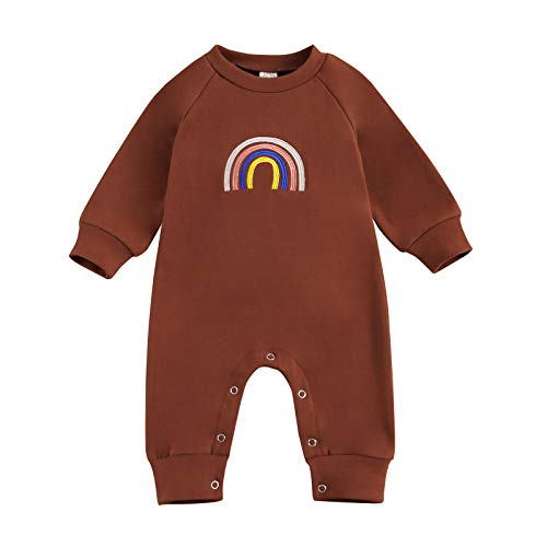 Newborn Baby Girl Boy Rainbow Embroidered Romper Jumpsuit Crewneck Long Sleeve Playsuit One Piece Outfit Fall Clothes (Brown, 12-18 Months)