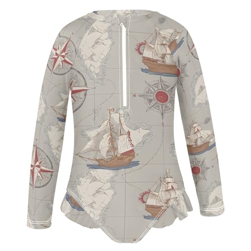 ALAZA Toddler Swimsuit Girl Bathing Suit Swimwear Rash Guard Nautical Map Sailboat Long Sleeve 3T2