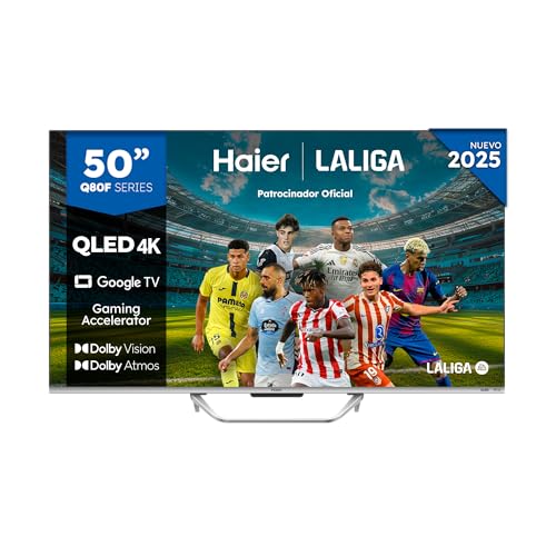 Haier QLED 4K UHD H50Q80FUX - 50', Smart TV, Google TV, Dolby Atmos y Dolby Vision, HDR 10+, Smart Remote Control, Google Assistant, Bluetooth 5.1, DBX TV, HDMI 2.1 x 4, Sin Marcos, 2025