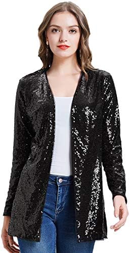 KANCY KOLE Women’s Sparkly Sequin Blazer Open Front Cardigan Long Sleeve Jacket Shrug (Black,S)