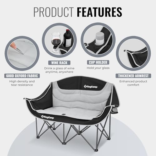 Image of KingCamp Double Camping Chair, Oversized Heavy Duty 660lbs Loveseat for Adults Portable Folding XL 2 Person Couch Padded Comfortable Two Seat with Cup Holder for Outdoor Lawn Backyard, Black /Grey