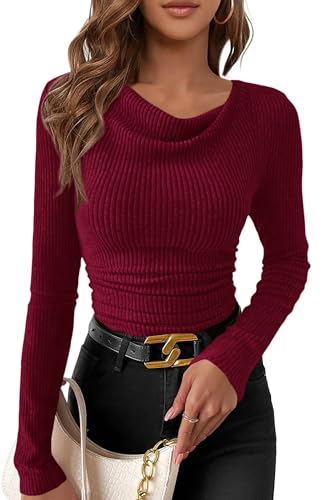 PRETTYGARDEN Women's Long Sleeve Cowl Neck Ribbed Knit Fall Shirts Slim Fit Ruched Going Out Crop Tops Basic T-Shirts