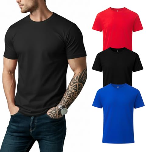 Image of Men's Premium 100% Cotton T-Shirt, Lightweight Short Sleeve Crew Neck Tee, Soft Breathable Summer Essential, Regular Fit