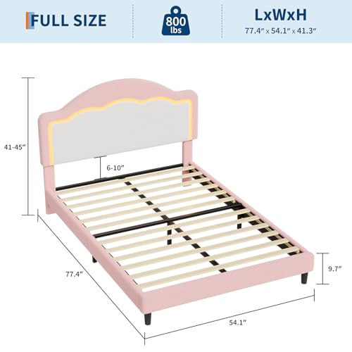 Image of GarveeHome Full Size Bed Frame with LED Headboard for Kids, Sherpa Upholstered Platform Bed Frame with Wood Slat Support, No Box Spring Required, Easy to Assemble (Pink, Full)