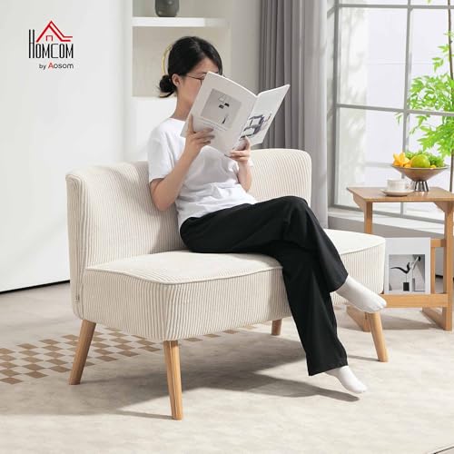 HOMCOM Sofa 2 Sitzer Couch, Kleine Loveseat mit Cord-Optik Modern Polstersofa für Wohnzimmer, Schlafzimmer, kleinen Raum, Cremeweiß 117 x 56,5 x 77 cm