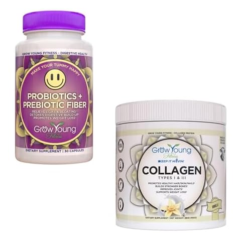 Grow Young Fitness Probiotic and Vanilla Collagen - Supports Digestive Health and Promotes Skin and Bones - (1) 30-Pack of Probiotics + 12.4oz of Vanilla Collagen Powder Cover