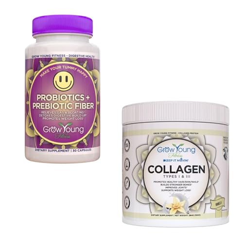 Grow Young Fitness Probiotic and Vanilla Collagen - Supports Digestive Health and Promotes Skin and Bones - (1) 30-Pack of Probiotics + 12.4oz of Vanilla Collagen Powder