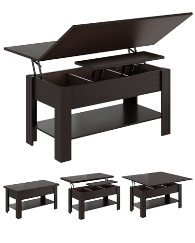 KIMENICH Mesa de Centro Regulable en Altura, Almacenamiento Oculto, 3 en 1, Multifunción, Mesas de Salón, Mesa de Café, Compartimento Abierto, Mesas de Comedor, para Salón, Oficina, Marrón-Negro