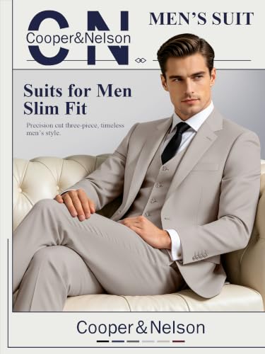 Image of Cooper & Nelson 3 Piece Mens Suit Set 2 Button Slim Fit Suits for Men Business Wedding Party Tuxedo Jacket Vest Pants and Tie