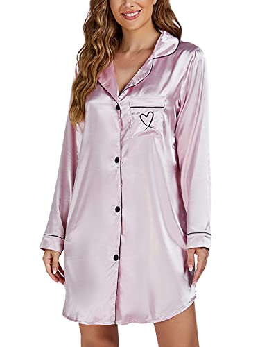 Lyaner Women's Satin Silky Long Sleeve Sleepshirt Button Down Nightgowns Heart Print Lounge Sleepwear Pjs Dusty Pink X-Small #TOP3