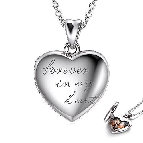 925 Sterling Silver Heart Locket Necklace That Holds Pictures Forever In My Heart Photo Locket Necklace for Women Family (Locket Necklace)