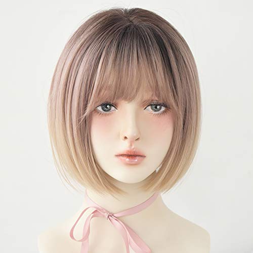 URCGTSA Blonde Short Bob Wig Straight Rose Golden Bob Wig with Bangs Synthetic Straight Bob Wig for Women Natural Looking for Daily Use (Rose Gold)