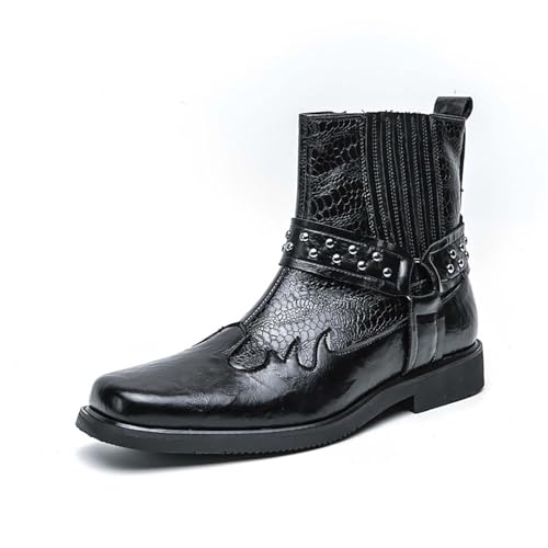 Botas Biker De Hombre De Cuero con Estampado De Serpiente - Botines Western Cowboy con Correa Tachonada, Estilo Rock Casual O De Fiesta, Impermeables,Negro,43 EU