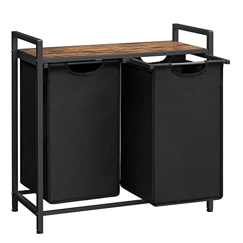 Vasagle BLH201B01V1 Dirty Laundry Basket, 2 Compartments, Bin, with 2 Removable Oxford Cloth Bags, Metal Frame, 2 x 46 Litres, 73 x 33 x 72 cm, Rustic Brown and Black