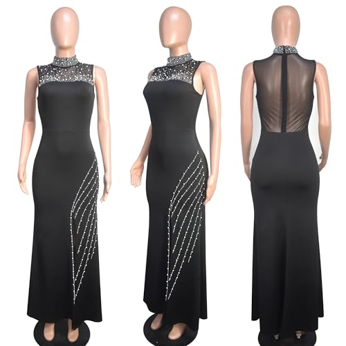 Image of Nagfar Women Sexy Elegant Rhinestone Beaded Mesh Patchwork Split Bodycon Long Dress Birthday Prom Club Night Outfits(SY1109-Black-M