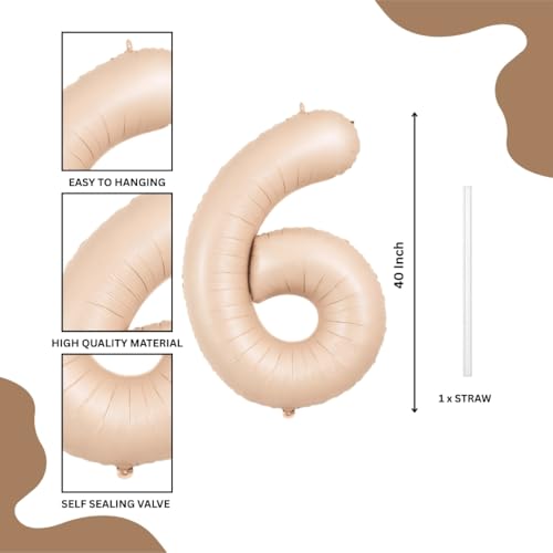 Image of Wanna Party 40 Inches Apricot Super Shape Number 6 Balloon, 60th Birthday, Number Balloons for Themes & Events, Birthday Supplies & Decoration - Caramel Light brown Foil Number balloon