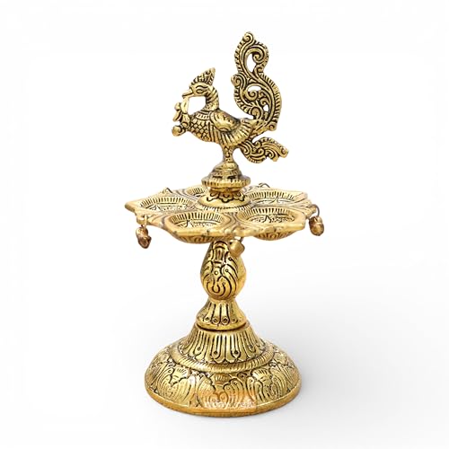 Image of Kridaykraft Metal Peacock Diya Samai Oil Lamp, Gold Finish, Traditional Indian Decor, 19 cm Height, 270 gm, Handcrafted Design