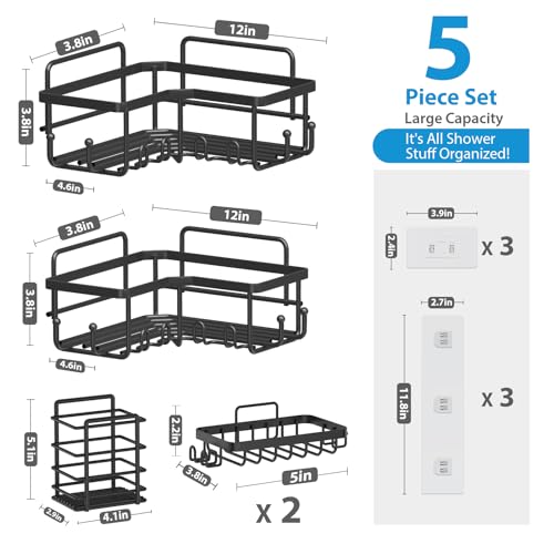 PLOOHT Corner Shower Caddy 5 Pack, Large Capacity Shower Organizer, Upgraded Stronger Adhesive Shelf for Inside Shower, Rustproof Stainless Steel Shelves with 8 Hooks, Black