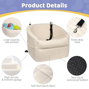   Dog-Car-Seat-for-SmallMedium-Dogs-Upgrade-Dog-Booster-SeatDetachable-and-Washable-Pet-Car-Seats-with-Thick-Cushion-Safety-Leash-and-Storage-Pockets-Beige