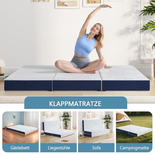 Hiimgo Faltmatratze 75 x 195 x 15 cm, 4-teilig Klappbar - Faltbare Klappmatratze mit abnehmbarem Bezug, Gästematratze für Reisen Camping Gästebett (Weiß & Blau)