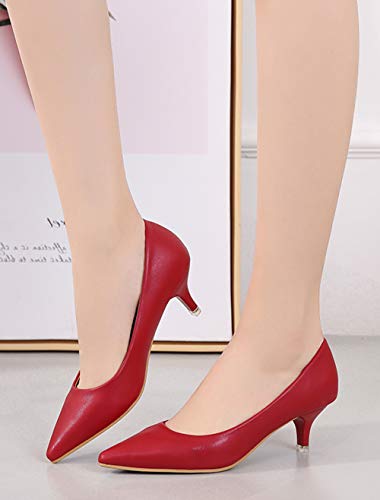 Lnafan Women's Ladies' Slip On Kitten Heels Court Shoes Dress Pumps Office Work Shoes Red Size 5UK
