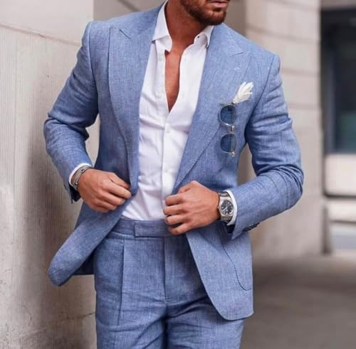 Men's Linen Suit 2 Piece Slim Fit Suit Summer Beach Wedding Suit Groosmen Prom Tuxedo Linen Blazer Pants Set4
