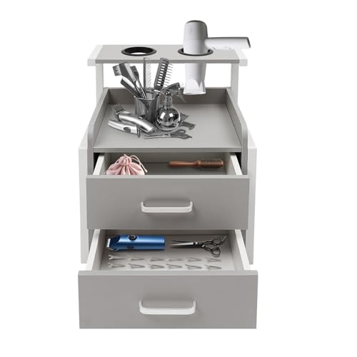 RjcdOPL Armario de pared para salón de peluquería, mueble de almacenamiento suspendido 2 cajones, soporte para secador de pelo, carga 30-50 kg, 40 × 30 × 48 cm, gris/blanco, para salón profesional