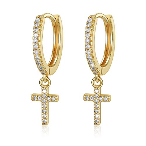 Petites boucles d'oreilles créoles en forme de croix plaquées or 14K avec zircones scintillantes pour femme Cover