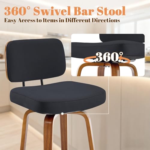 Image of Counter Height Bar Stools Set of 2, 26+inch Swivel Faux Leather Barstool with Back, Upholstered Mid-Century Modern Bar Chairs with Bent Wood Legs for Kitchen Counter, Dining Room