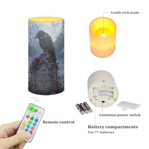 Image of Poceacles Flameless Light Candles Battery Operated Candles with Color Changing Timer Remote Control Tealights for Home Beach Dinner Party Banquet Decor, Crow Rose Cross Grave Print