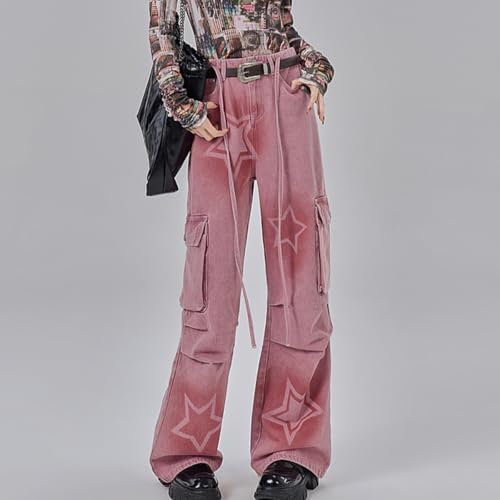 Y2K Fashion Straight High Waisted Wide Leg Jeans Casual Drawstring Gradual Stars Tie-Dye Denim Pants4