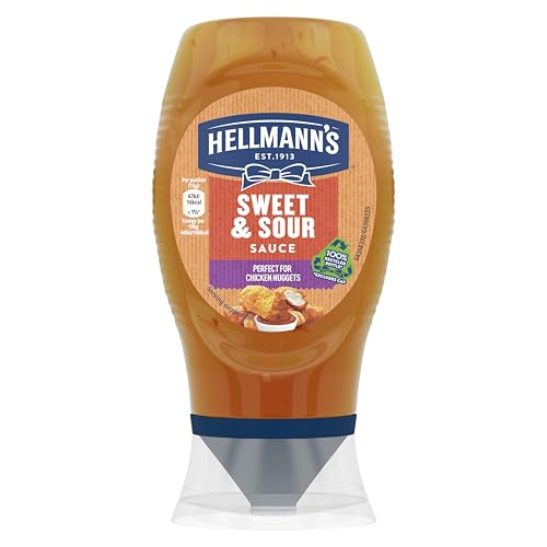 Hellmanns Sweet & Sour Sauce 100% recyclable* squeeze bottle the perfect condiment for chicken nuggets 250 ml