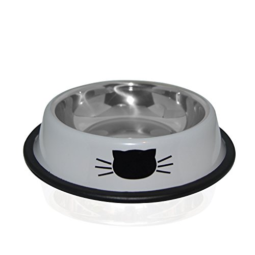 Petfuren Cat Bowl Non-Skid Stainless Steel Cat Dish 8 Ounce with Gray Color and Cute Cat Face for Pet Food & Water Bowl