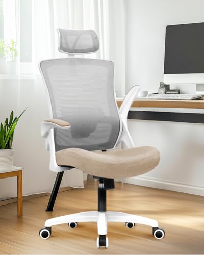 Image of NEO CHAIR Office High Back Mesh Headrest Adjustable Height and Ergonomic Design Home Office Computer Desk Executive Lumbar Support Padded Flip-up Armrest Swivel (Beige)