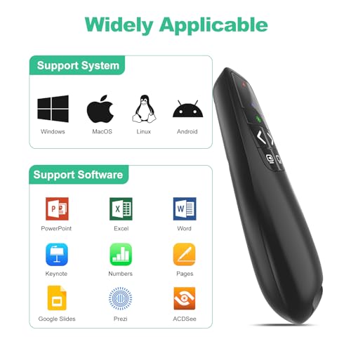 Clicker PowerPoint Apresentador remoto sem fio, ponteiro laser verde para cliques de computador, USB