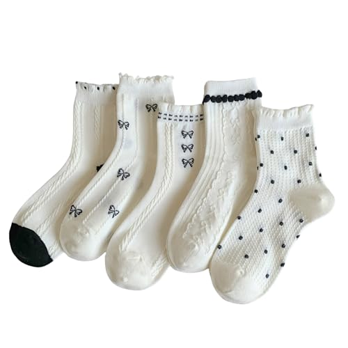 Image of Starella Women Cute Lace Crew Socks Cotton Vintage Twisted Preppy Dress Sock for Pumps Shoes 5 Pairs